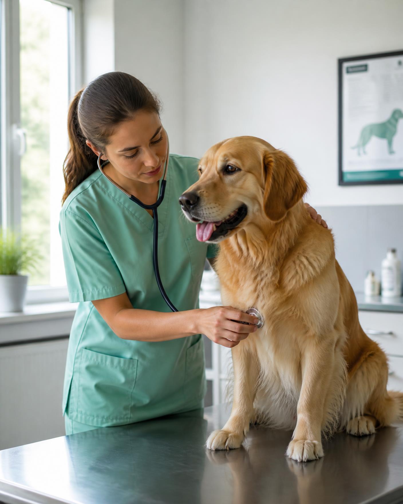Veterinaria auscultando a un perro golden retriever en un consultorio luminoso