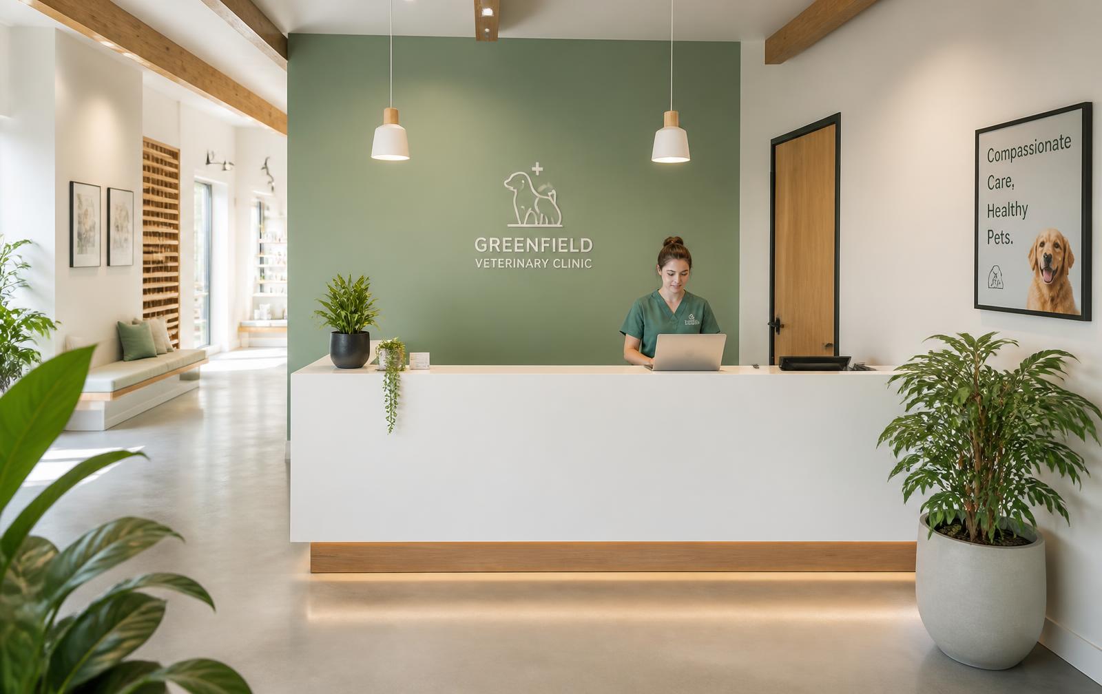 Recepción luminosa de una clínica veterinaria con mostrador de madera