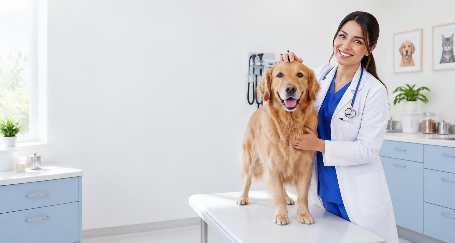 Veterinaria acompañando a un golden retriever durante su consulta